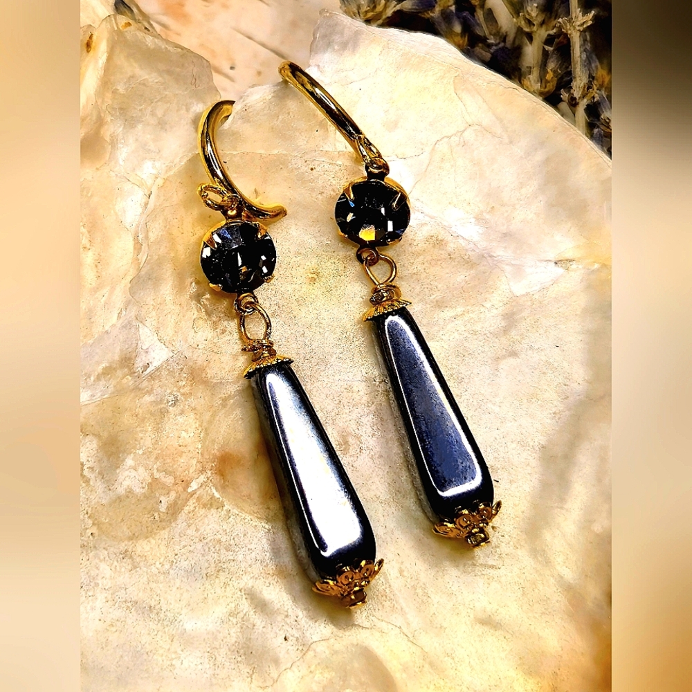 Victorian Black Hematite W/ Black Diamond Crystal In Gold Plated Long Earrings